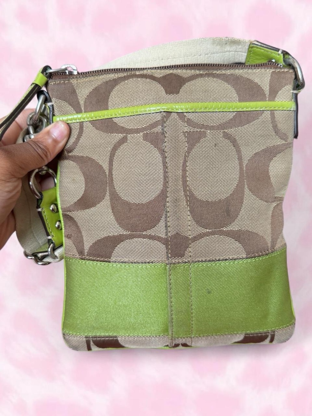 Coach Signature Canvas Crossbody Bag in Khaki with Lime Green Trim